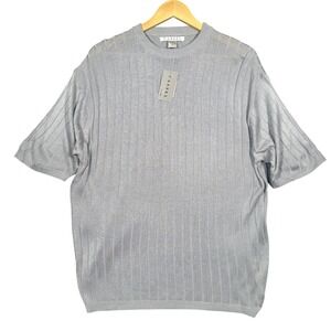 CASSEL Mens XL Light Gray Ribbed Knit Short Sleeve Sweater Shirt Crew Neck